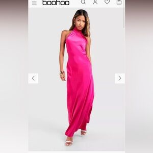 Boohoo Satin Halter Fuscia/Hot Pink Maxi Dress NWT